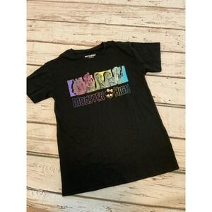 Monster High Girls Black Graphic T-Shirt Character Group Print Size L 10/12 NEW
